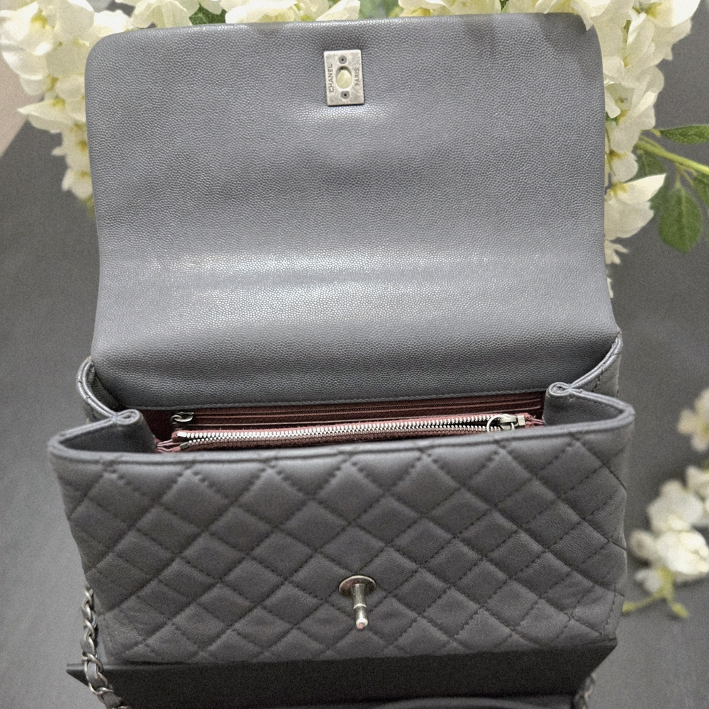 Chanel Coco Caviar Leather Quilted With Lizard Handle Gray Shoulder Bag Medium - Picture 5 of 12